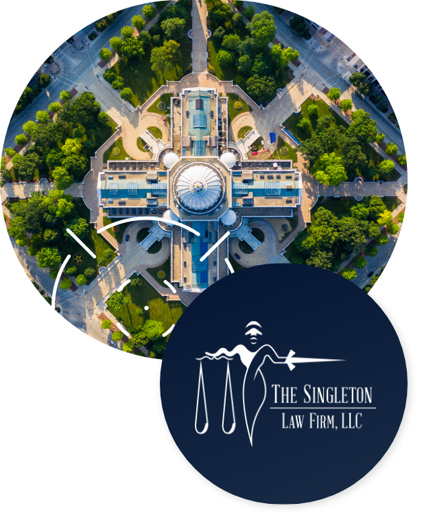 Aerial view of building with The Singleton Law Firm logo